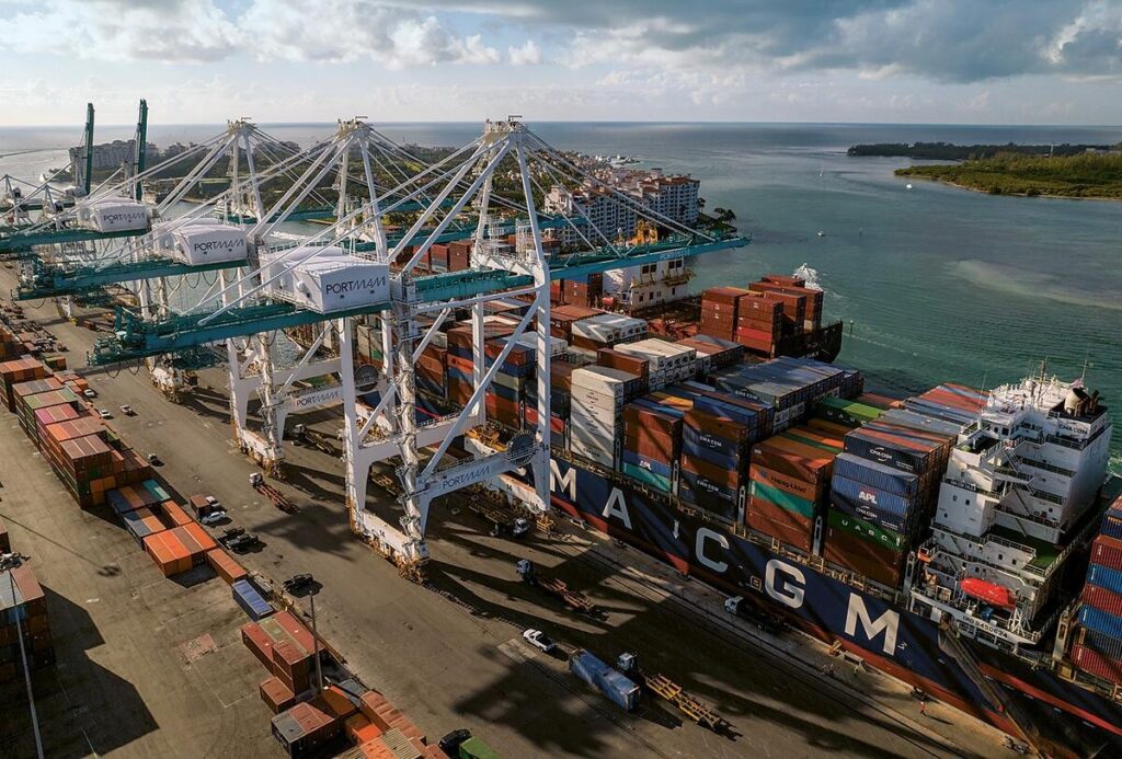 PortMiami container terminal with gantry cranes and a docked container ship